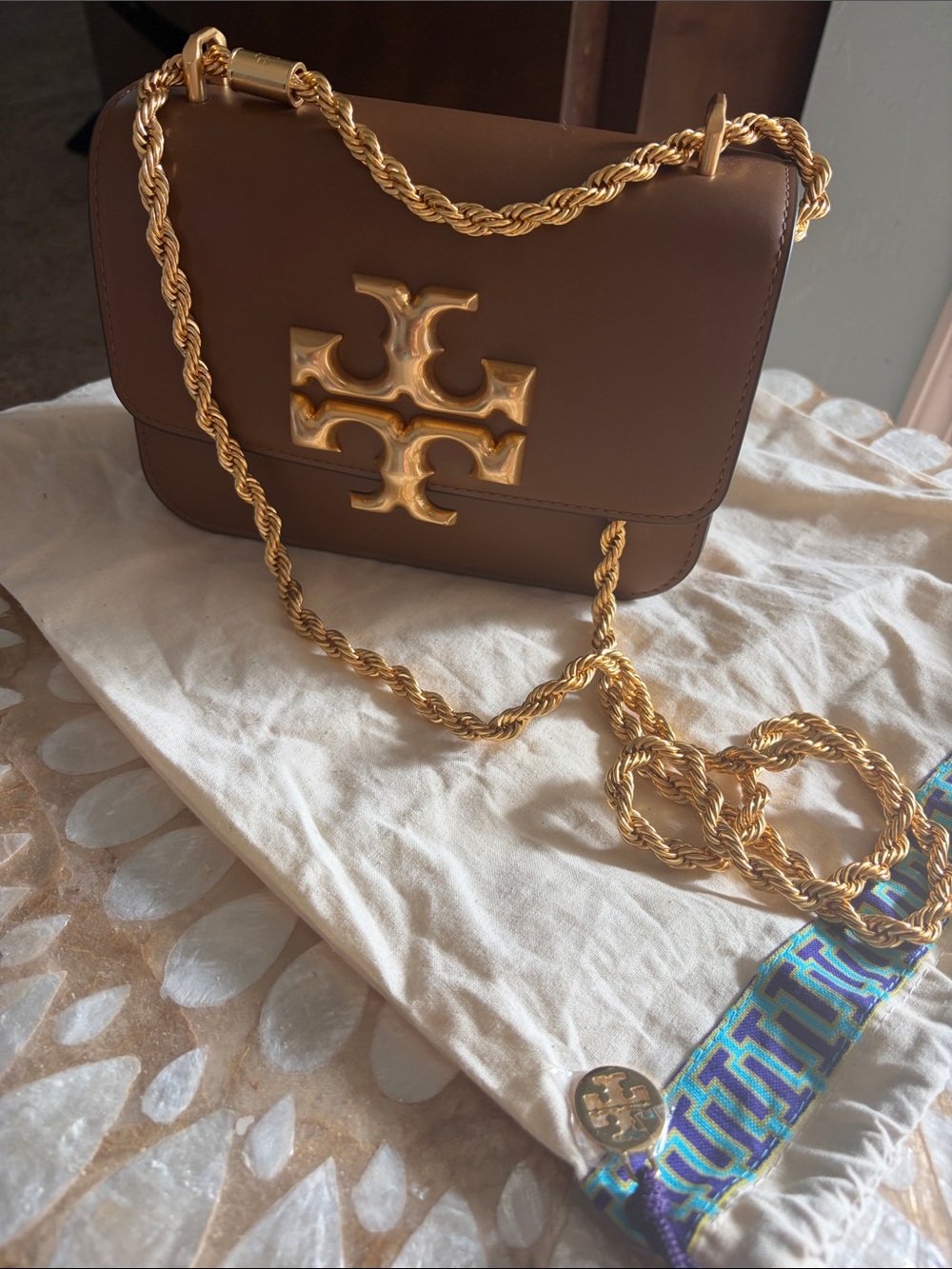Tory Burch Brown Crossbody Bag with Gold Logo Chain